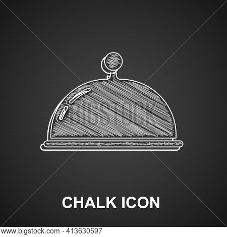 Chalk Covered With A Tray Of Food Icon Isolated On Black Background. Tray And Lid Sign. Restaurant C