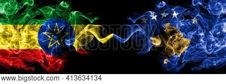 Ethiopia, Ethiopian Vs Kosovo, Kosovar Smoky Mystic Flags Placed Side By Side. Thick Colored Silky A