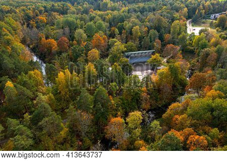 Autumn Landscape, View From The Top Of City Park With An Empty Open Air Stage, Dobele, Latvia