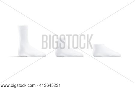 Blank White Long, Low Cut And Ancle Socks Mockup Stand, 3d Rendering. Empty Quarter, Small And Kneeh