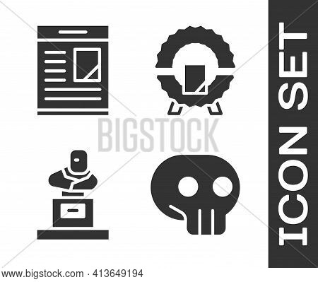 Set Skull, Obituaries, Grave With Tombstone And Memorial Wreath Icon. Vector