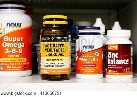 Tambov, Russian Federation - March 19, 2021 Bottle Of Activated Vegetable Charcoal By Mason Natural,