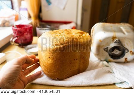 Home Baked Bread. \rfreshly Made White Bread Is Removed From The Bread Pan