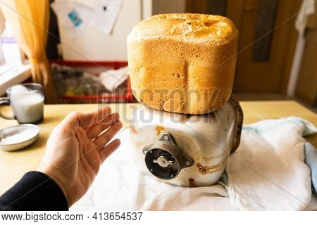Home Baked Bread. 
Freshly Made White Bread Is Removed From The Bread Pan