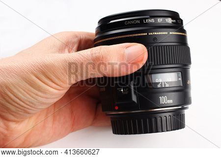 Lviv, Ukraine - February 28, 2020: Portrait Lens Canon Ef 100mm F/2 Usm