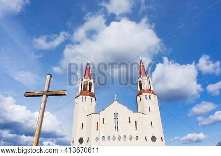 Our Lady Of The Rosary Church In Bialystok City In Poland. White Catherdal Building. Blue Cloudy Sky