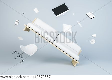 Chaos And Zero Gravity Concept With Flying White Sofa, Office Chair, Computer Monitor, Lamp And Note
