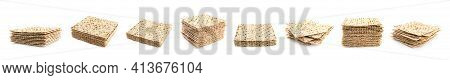 Set With Passover Matzos On White Background, Banner Design. Pesach Celebration