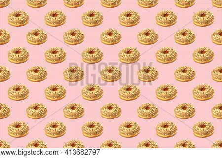 Seamless Pattern Of Chocolate Donuts Sprinkled With Nuts On Pastel Pink Colors. Donut Pattern