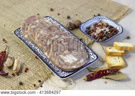 Homemade Brawn Headcheese Meat Product Saltison On Rough Linen Cloth With Sea Salt And Spices Top Vi
