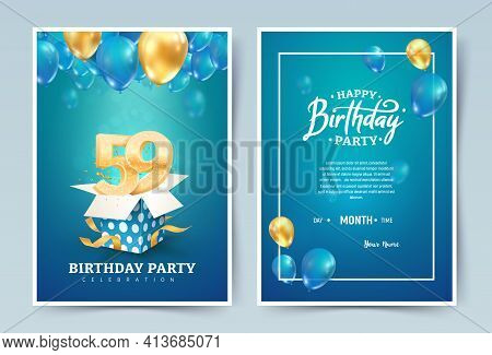 59th Years Birthday Vector Invitation Double Card. Fifty Ninth Years Wedding Anniversary Celebration
