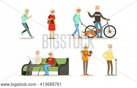 Elderly People Activity Set, Senior Men And Women Walking In Park, Running Bike, Jogging, Traveling 
