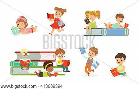 Kids Reading Books Set, Adorable Boys And Girls Sitting On Stack Of Books, Children Enjoying Of Read