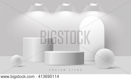 Minimal Abstract Mock Up Scene With Podium Or Platform, Geometric Bubble Shapes On Grey Background. 