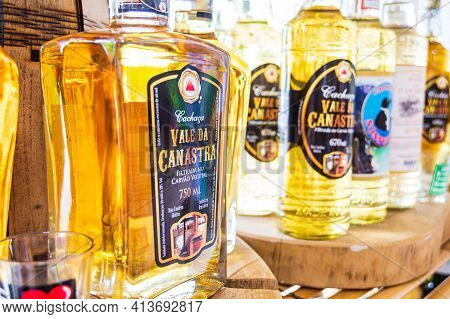 Capitólio - Mg, Brazil - December 11, 2020: Bottles Of Famous Brazilian Alcoholic Beverage Cachaça V