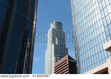 LOS ANGELES, CA - February 17, 2014: The US Bank Tower in downtown Los Angeles. Rising between two smaller structures the tower is the tallest building west of the Mississippi River.