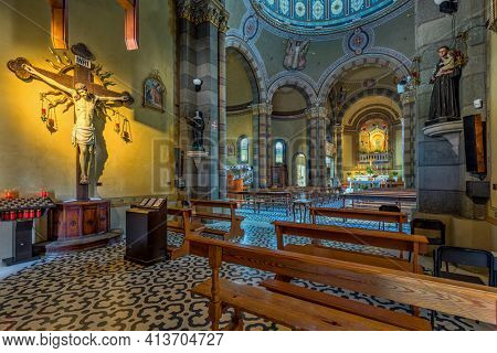 ALBA, ITALY - JUNE 23, 2020: Interiors of Madomma della Moretta catholic church in Alba - small town in Piedmont, Northern Italy, famous for white truffles and wine production.