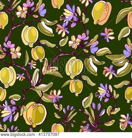 Lemons Blooming Branches Seamless Pattern. Drawn Beautiful Floral Background. Botanical Citrus Plant