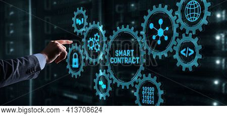 Smart Contract. Modern Business Technology. Businessman Presses Virtual Button Smart Contract Text O