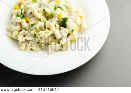 Cooked Pasta With Flaked Tuna And Sweetcorn In Mayonnaise Dressing, Healthy Salad