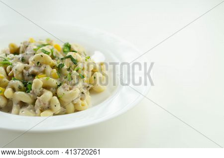 Cooked Pasta With Flaked Tuna And Sweetcorn In Mayonnaise Dressing, Healthy Salad