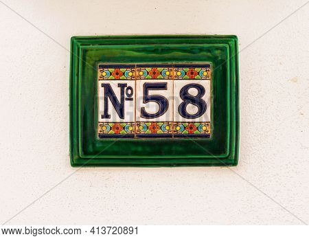 Decorative Ceramic House Number 58 Tile On The Wall, Characteristic Decorative Element, Number