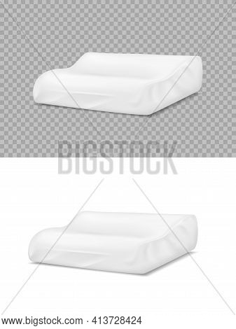 Orthopedic White Pillow, Vector Cushions With Memory Foam Or Latex Filling 3d Mockup. Realistic Soft