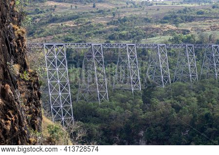 View Over The Massive Famous Goteik Viaduct Bridge For The Local Commuter Train In Myanmar, Burma