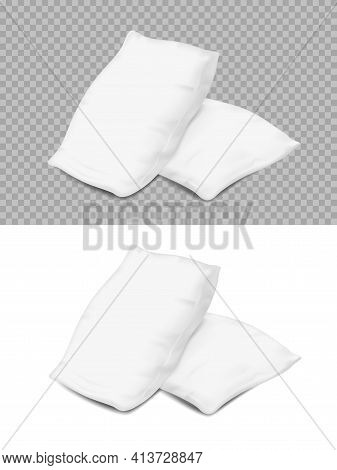 Feather White Pillows, Realistic Cushions 3d Vector Mockup Of Rectangular Or Square Shape Angle View