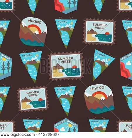 Camping Life Badges Pattern. Camping Adventure Seamless Background With Outdoor Stickers And Text. S