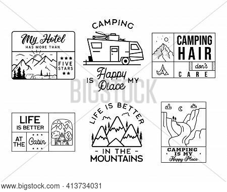 Vintage Line Art Logo Designs Set. Camping Adventure Badges. Camp Label, Hiking Insignias Bundle. Si