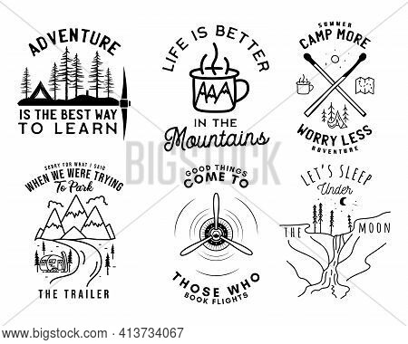 Camping Line Art Logo Designs Set. Vintage Adventure Emblems. Camp Label, Hiking Badges Bundle. Silh