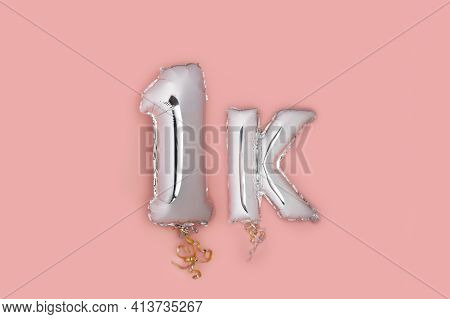 Silver Number Balloons 1k, Meaning One Thousand, On Pink Background. Holiday Party Decoration, 1k Fo