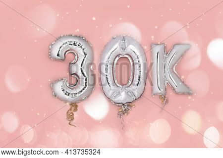Silver Number Balloons 30k, Meaning Thirty Thousand, On Pink Background. Holiday Party Decoration, 3