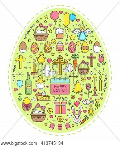 Easter Line Icon Set. Colored Easter Symbols Collection. Colored Icons Arranged In The Shape Of An E