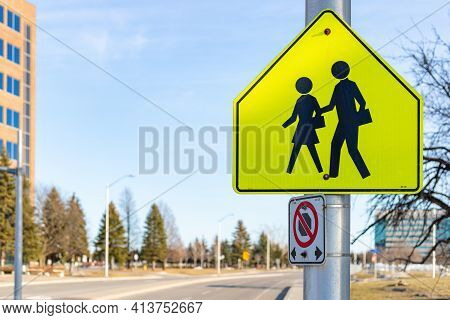 Ottawa, Canada - March 19, 2021: School Ahead Sign On The Road Near School Zone In Ottawa, Canada