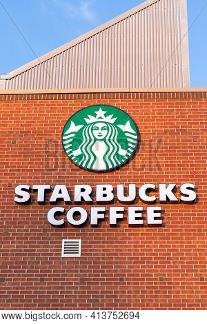 Ottawa, Canada - March 19, 2021: Starbucks Coffee Sign On The Building. Popular Cafe