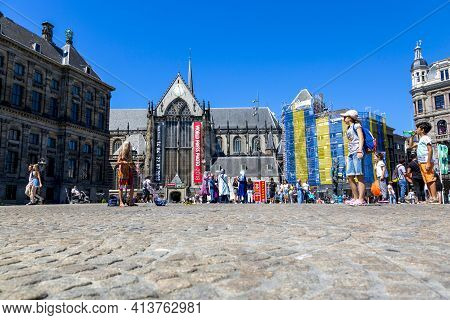 Amsterdam, Netherlands - July 02, 2018: View Of Central Dam Square In Amsterdam