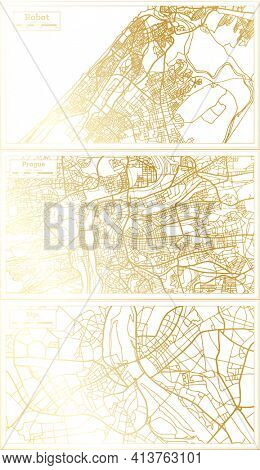 Prague Czech Republic, Riga Latvia and Rabat Morocco City Map Set in Retro Style in Golden Color. Outline Map.