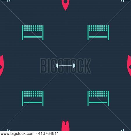 Set Surfboard, Barbell And Ribbon In Finishing Line On Seamless Pattern. Vector