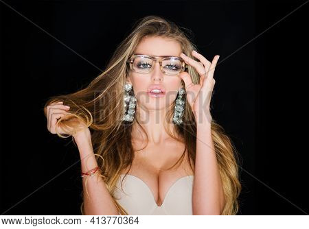 Woman With Eyeglasses For Vision. Girl Short Sightedness Needs Modern Eyeglasses. Optics Store Conce
