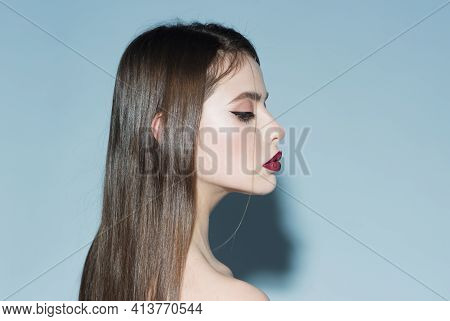 Make Up And Visage Concept. Girl On Calm Face With Closed Eyes, Copy Space. Woman With Stylish Makeu