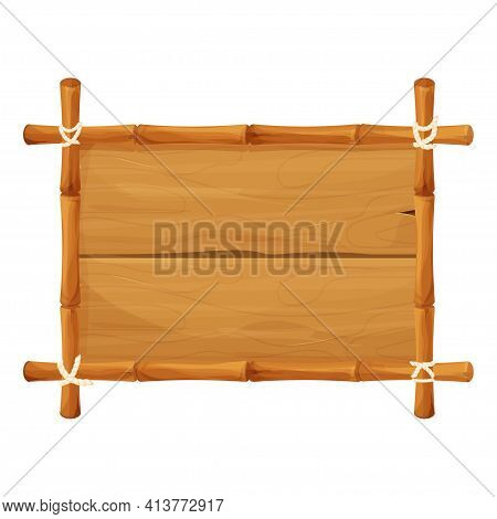 Wooden Banner With Bamboo Sticks And Rope In Cartoon Style, Advertising Isolated On White Background