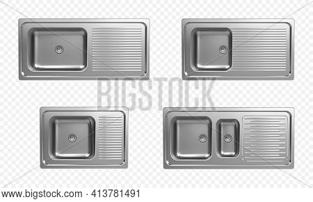 Realistic Set Of Stainless Kitchen Sinks Top View
