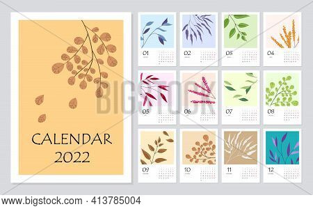 2022 Calendar Planner With Abstract Modern Floral Elements. Corporate Week. Template Layout, 12 Mont
