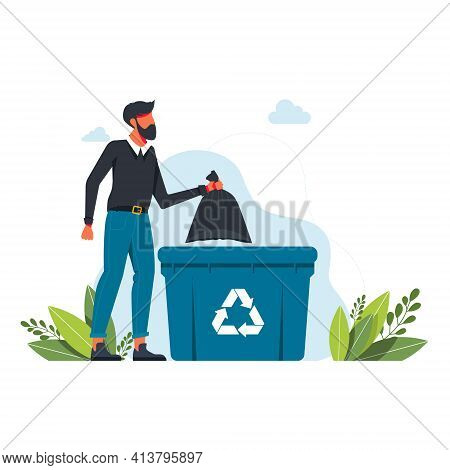 A Man Throws A Garbage Bag Into A Trash Can, Garbage Recycling Sign Volunteering People, Ecology, En