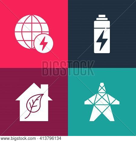 Set Pop Art Electric Tower, Eco Friendly House, Battery And Global Energy Power Planet Icon. Vector