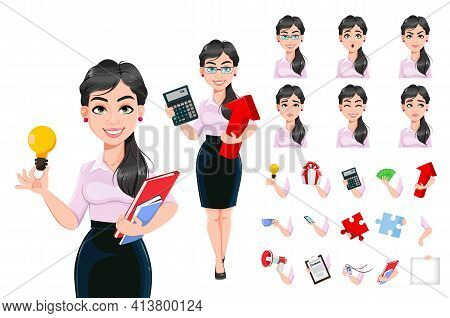 Beautiful Successful Business Woman, Set Of Three Poses. Lady Businesswoman Cartoon Character. Stock