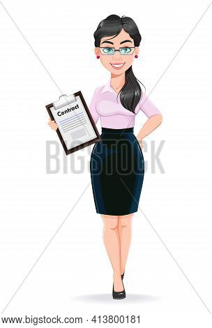 Beautiful Successful Business Woman Cartoon Character Holding Clipboard. Usable As Manager, Secretar