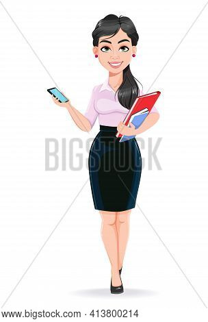 Beautiful Successful Business Woman Cartoon Character Holding Smartphone. Usable As Manager, Secreta